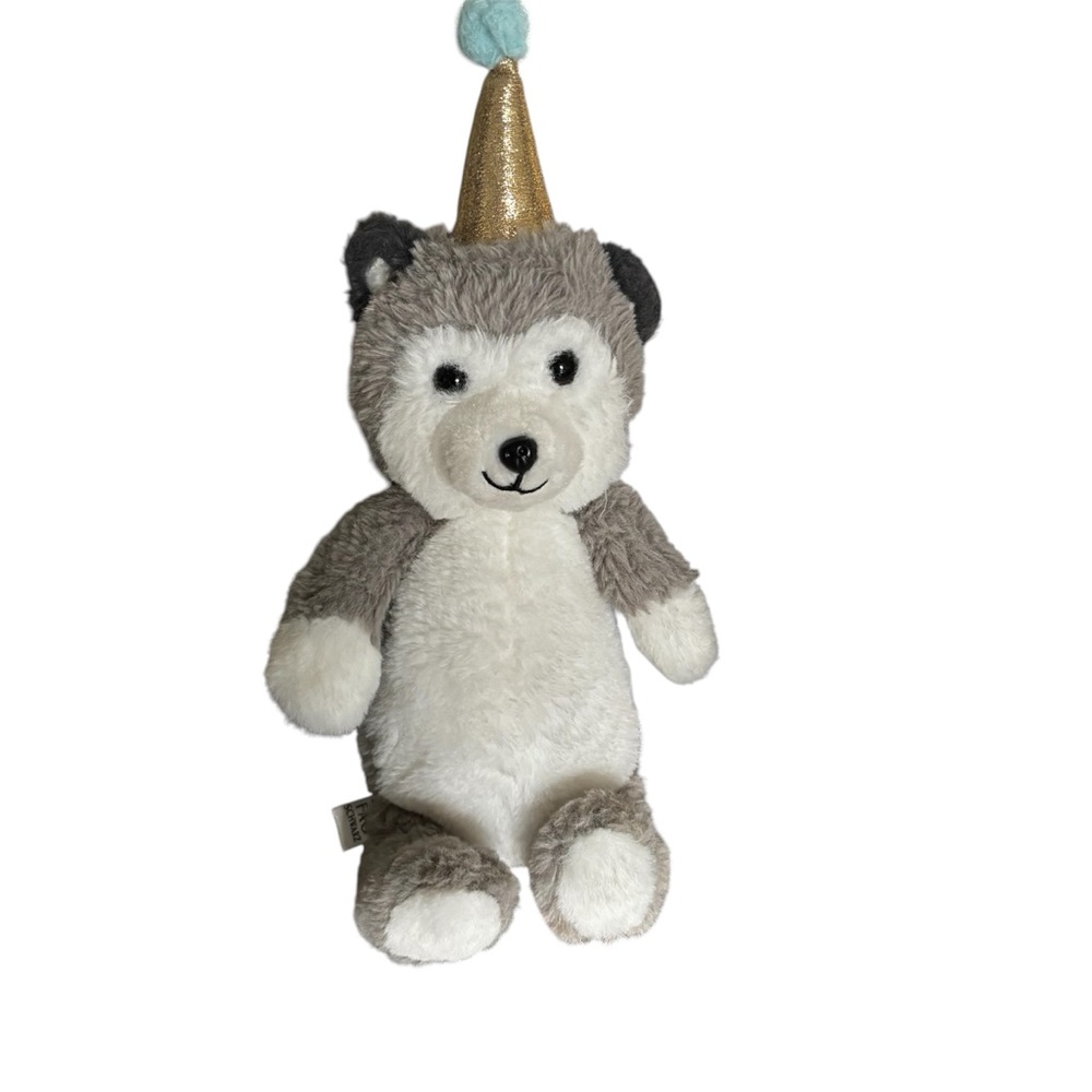 FAO Schwarz 12" Party Plush Puppy, grey and white with Birthday hat